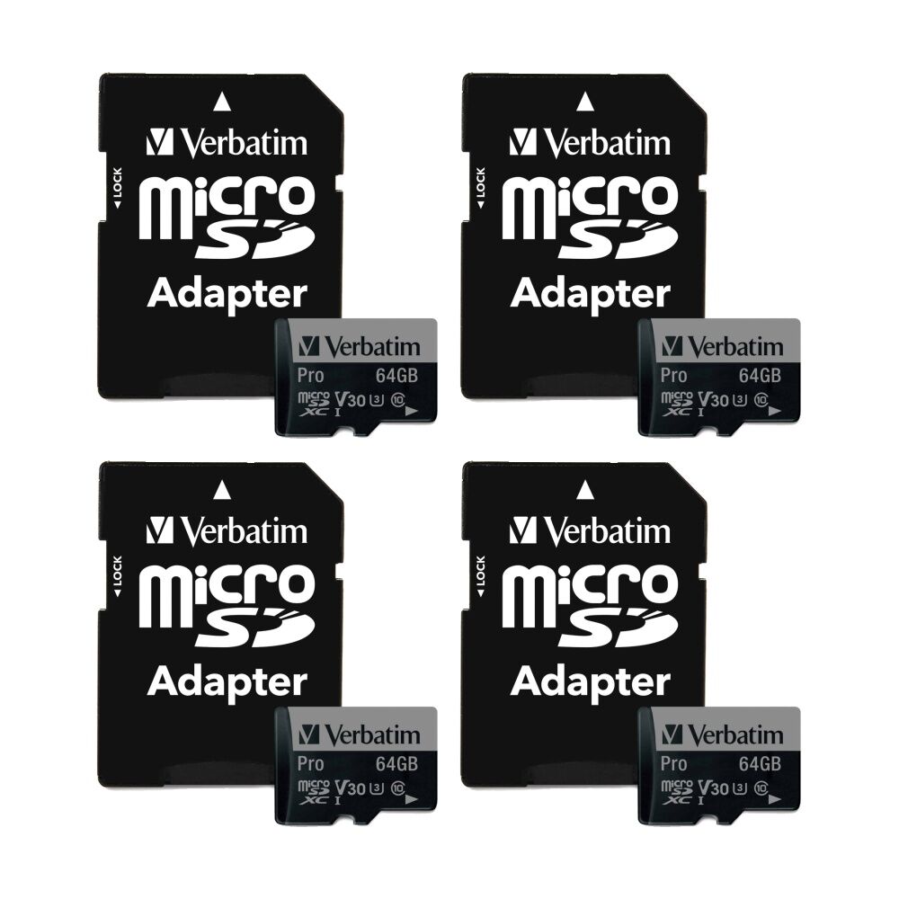 4PK VERBATIM Pro Micro SDHC Card (Class 10 UHS-I U3) w/ Adaptor 64GB