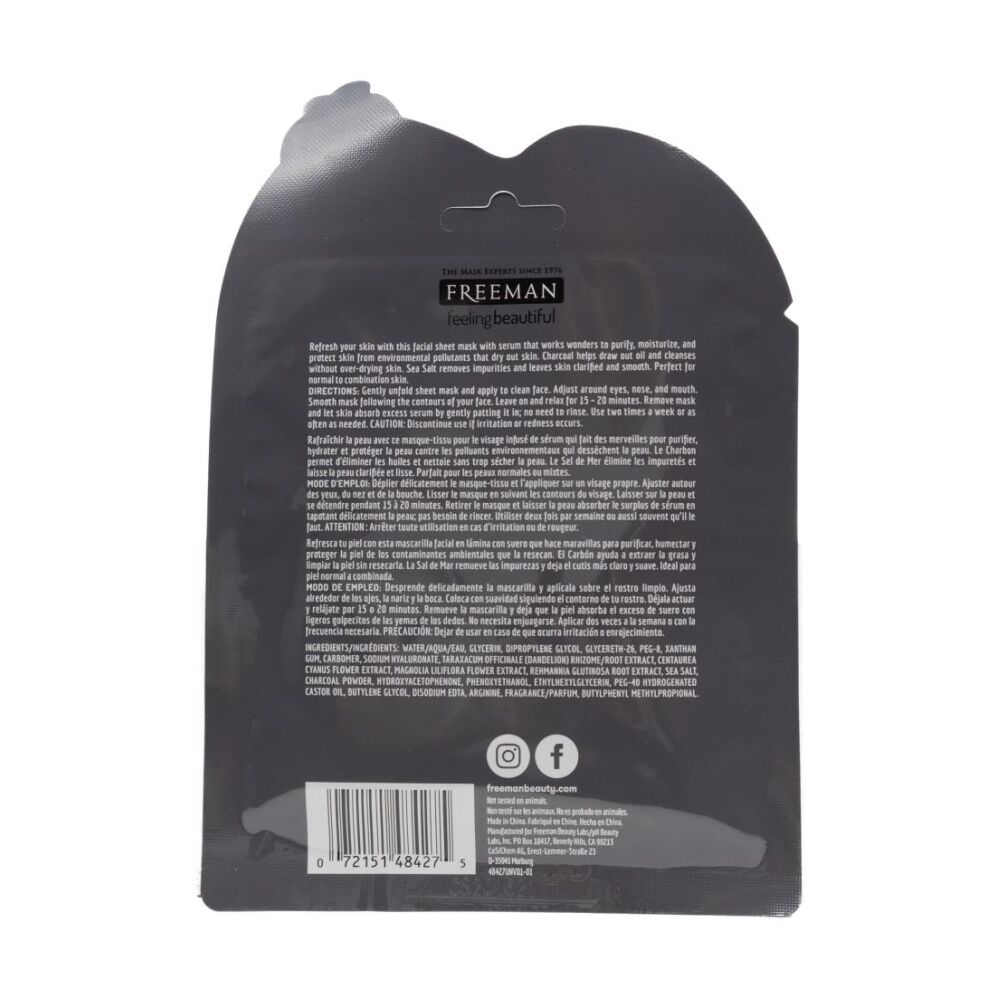 12PK Freeman Sheet Mask Detoxifying Charcoal & Sea Salt Normal/Combo Skin 25ml