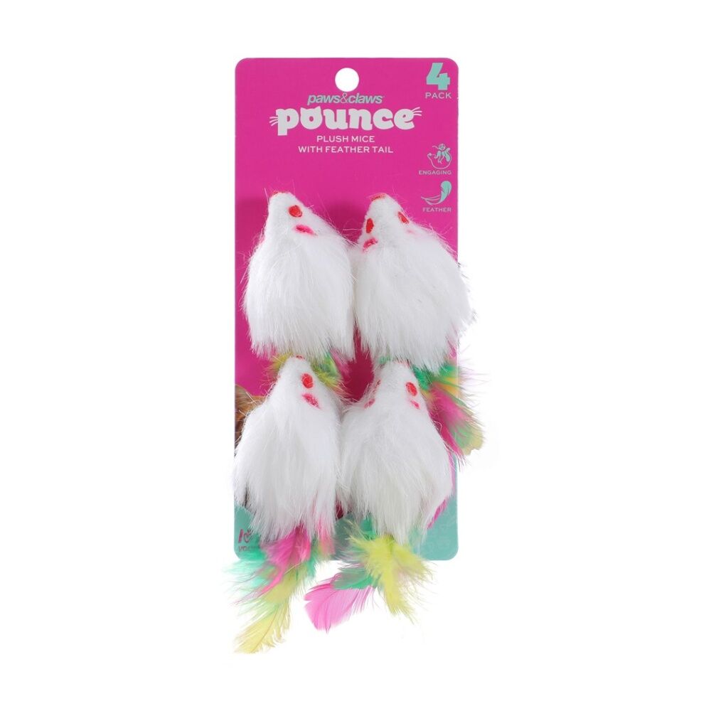 12x 4pc Paws And Claws Cat Toy Pounce Plush Mice Feather Tail Pack 9x5x4.3cm