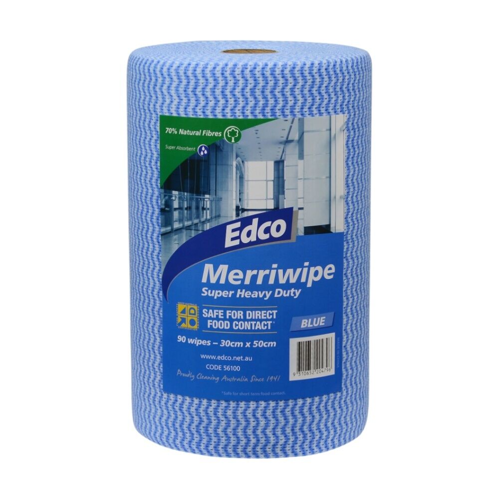 90pc Edco Merriwipe Super Heavy Duty Thick Cleaning Absorption Wipes Roll Blue