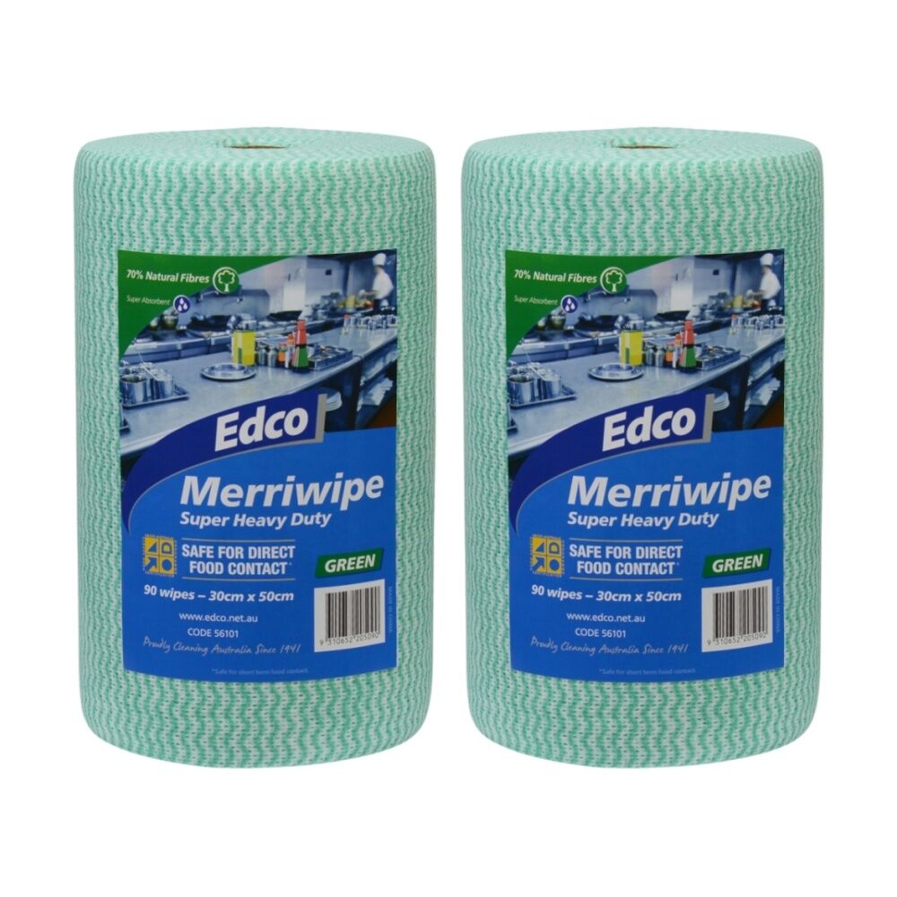 2x 90pc Edco Merriwipe Heavy Duty Thick Cleaning Absorption Wipes Roll Green