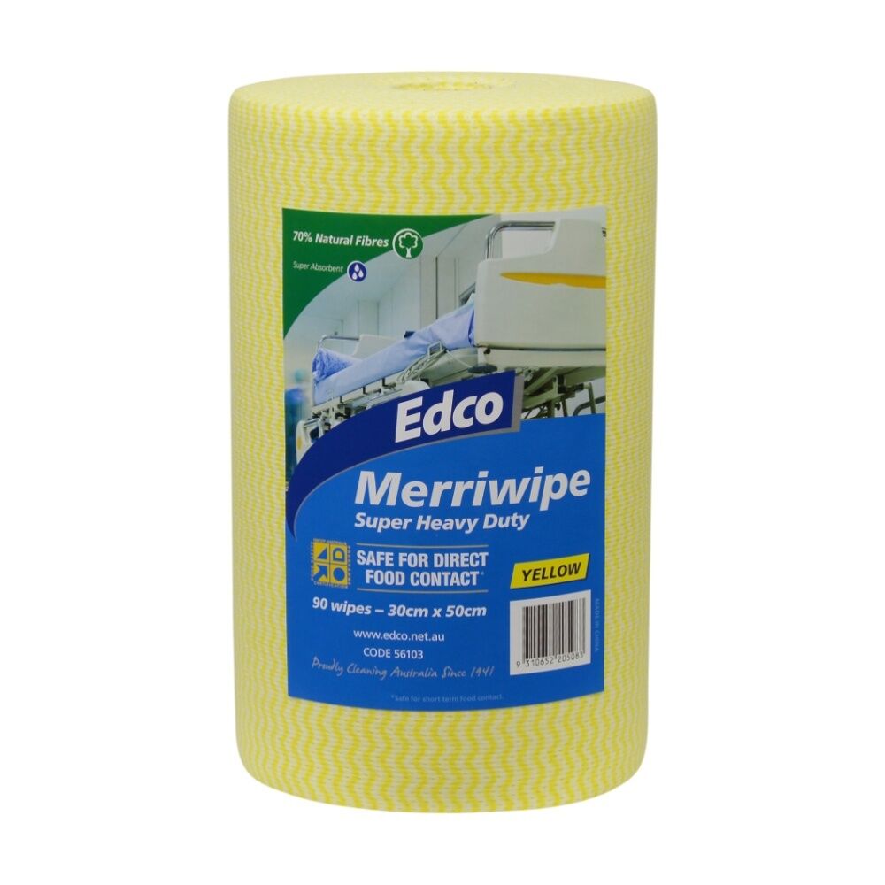 90pc Edco Merriwipe Super Heavy Duty Thick Cleaning Absorption Wipes Roll Yellow