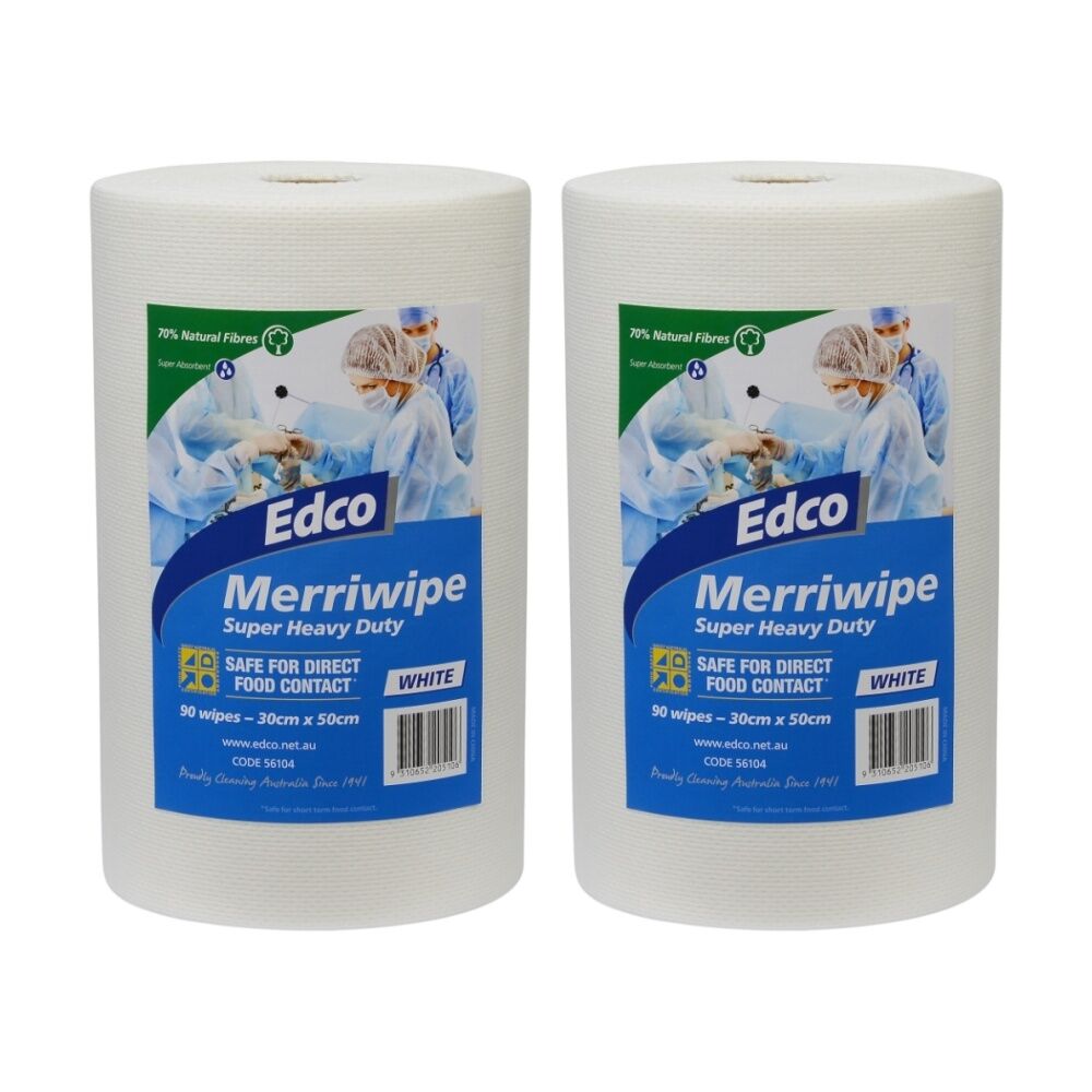 2x 90pc Edco Merriwipe Heavy Duty Thick Cleaning Absorption Wipes Roll White