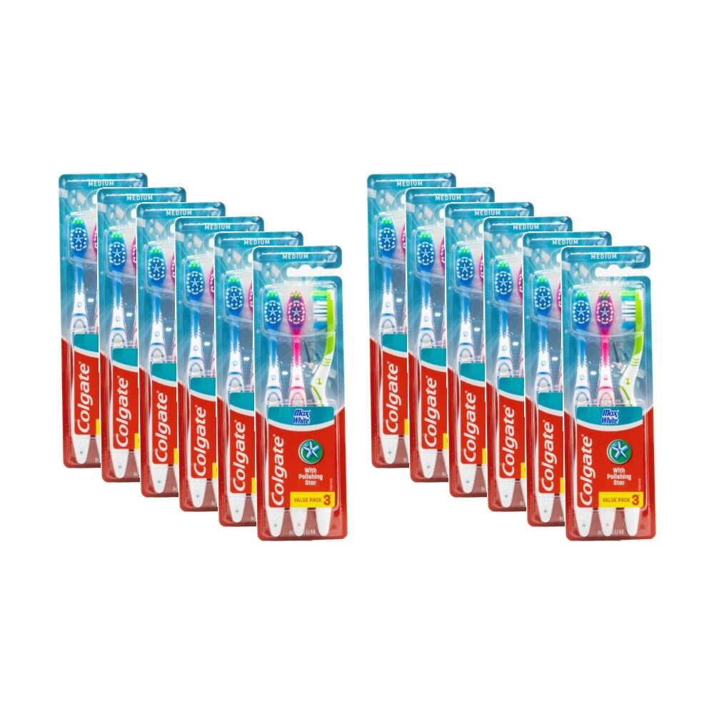 12x 3pc Colgate Max White Toothbrushes Value Pack W/ Polishing Stars Medium