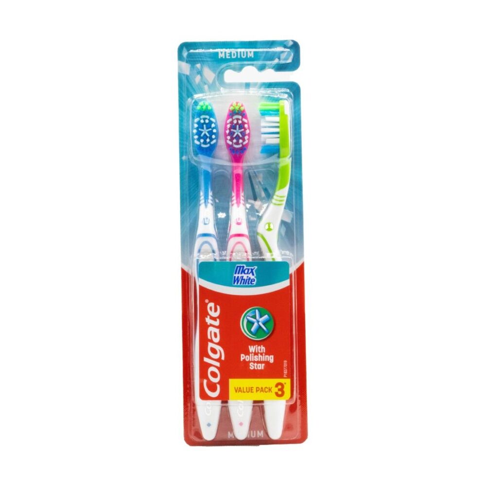 12x 3pc Colgate Max White Toothbrushes Value Pack W/ Polishing Stars Medium