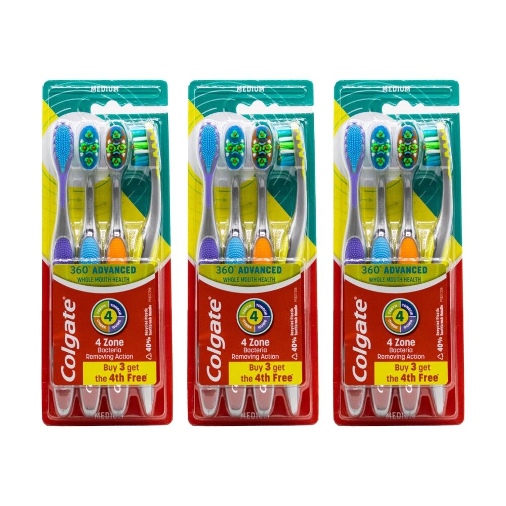 3x 4pc Colgate 360 Advanced Toothbrushes W/ Tongue & Cheek Cleaner Assorted M