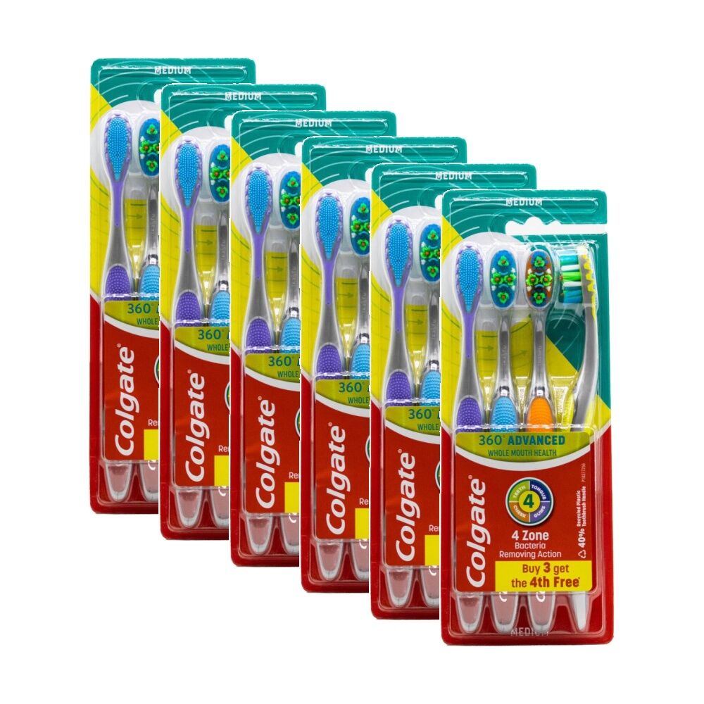 6x 4pc Colgate 360 Advanced Toothbrushes W/ Tongue & Cheek Cleaner Assorted M