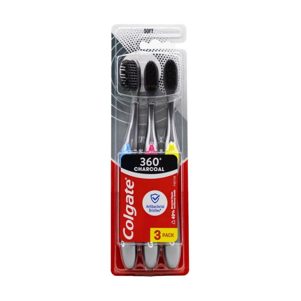 12x 3pc Colgate 360 Charcoal Toothbrushes W/ Tongue & Cheek Cleaner Assorted