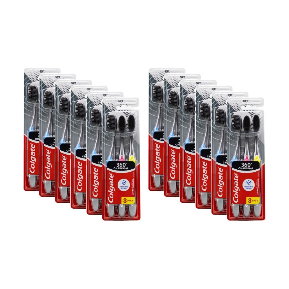 12x 3pc Colgate 360 Charcoal Toothbrushes W/ Tongue & Cheek Cleaner Assorted