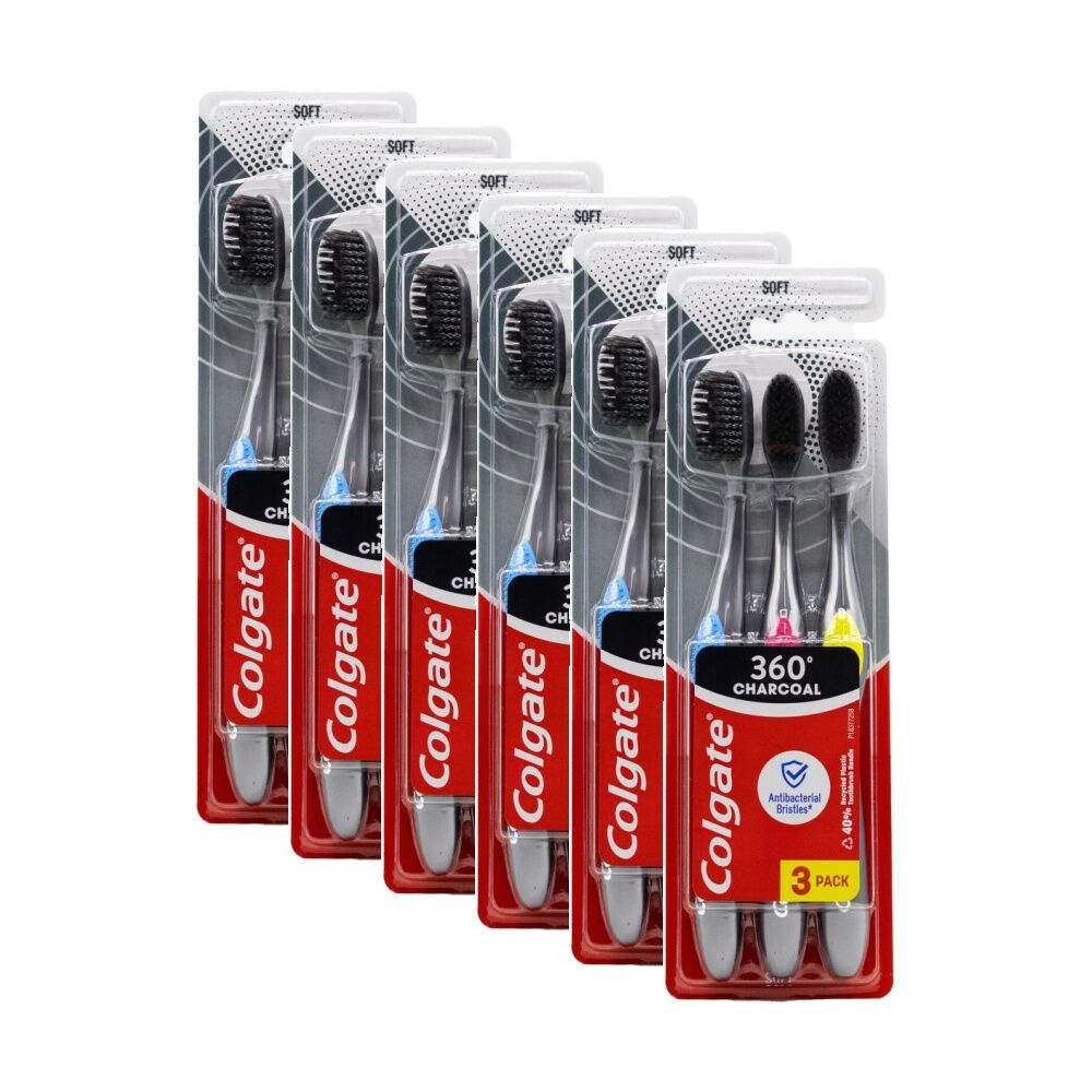 6x 3pc Colgate 360 Charcoal Toothbrushes W/ Tongue & Cheek Cleaner Assorted Soft