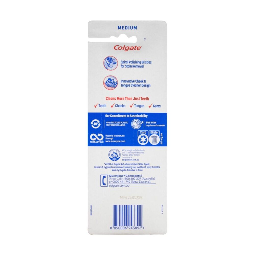 4pc Colgate 360 Advanced Optic White Toothbrushes Assorted Medium