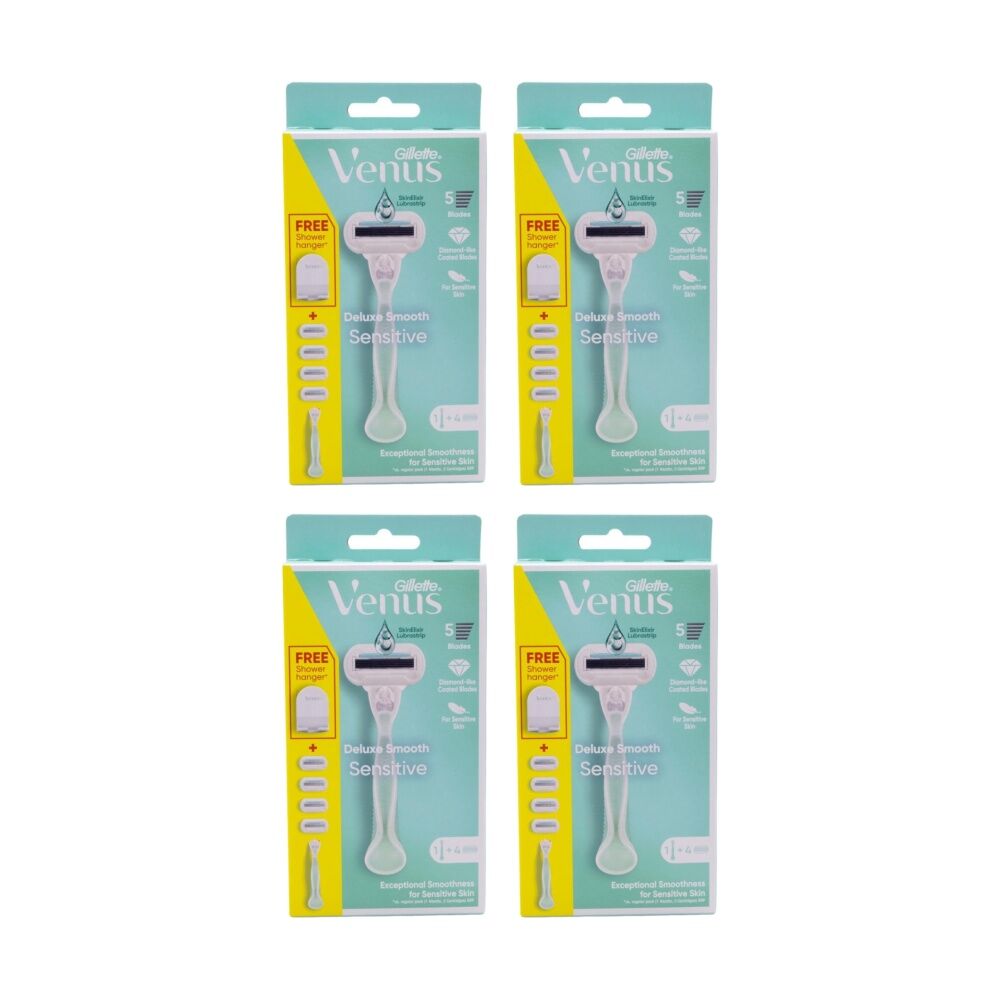 4PK Gillette Venus Razor Set Deluxe Smooth Sensitive 1 Handle Plus 4 Cartridges
