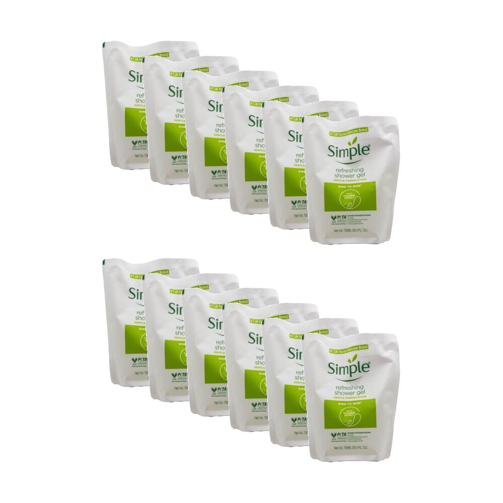 12PK Simple Refreshing Shower Gel W/ Cucumber Extract For Sensitive Skin 750mL
