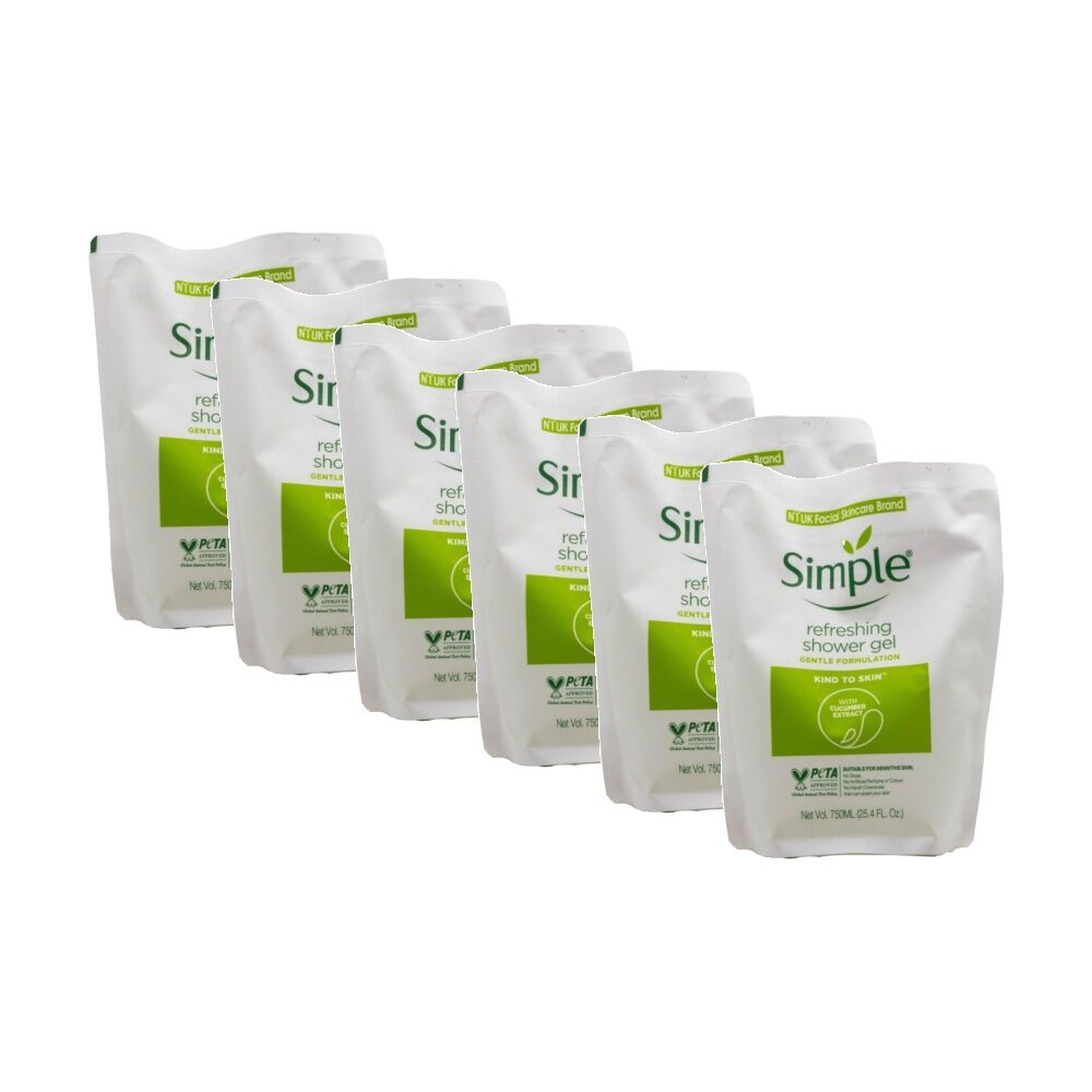 6PK Simple Refreshing Shower Gel W/ Cucumber Extract For Sensitive Skin 750mL