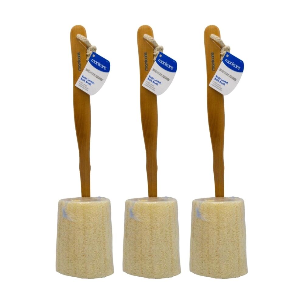 3PK Manicare Body Loofah Bath Brush W/ Wooden Handle Soft Bristles