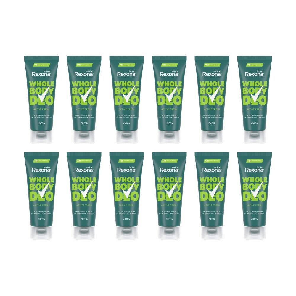 12PK Rexona 72H Whole Body Deo Men Active Fresh 75mL Odour Control