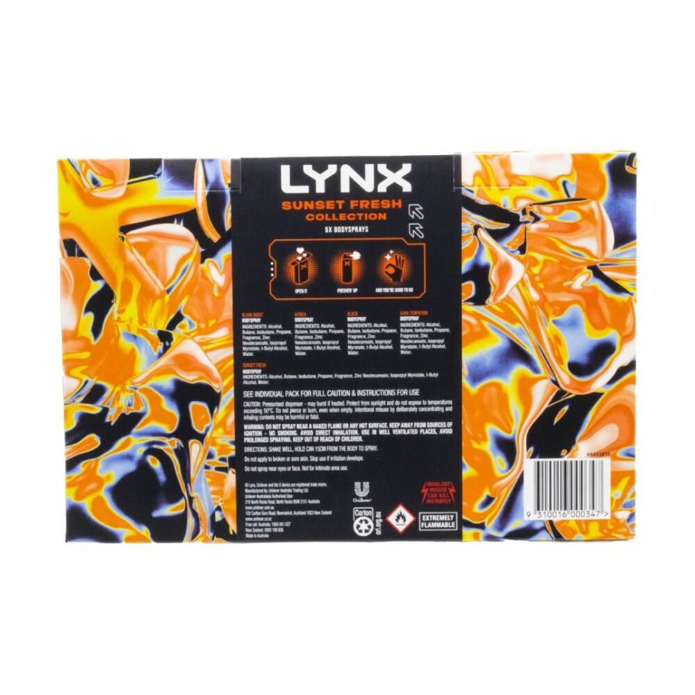 5pc Lynx Body Spray Variety Set 102g-165ml Sunset Fresh Collection