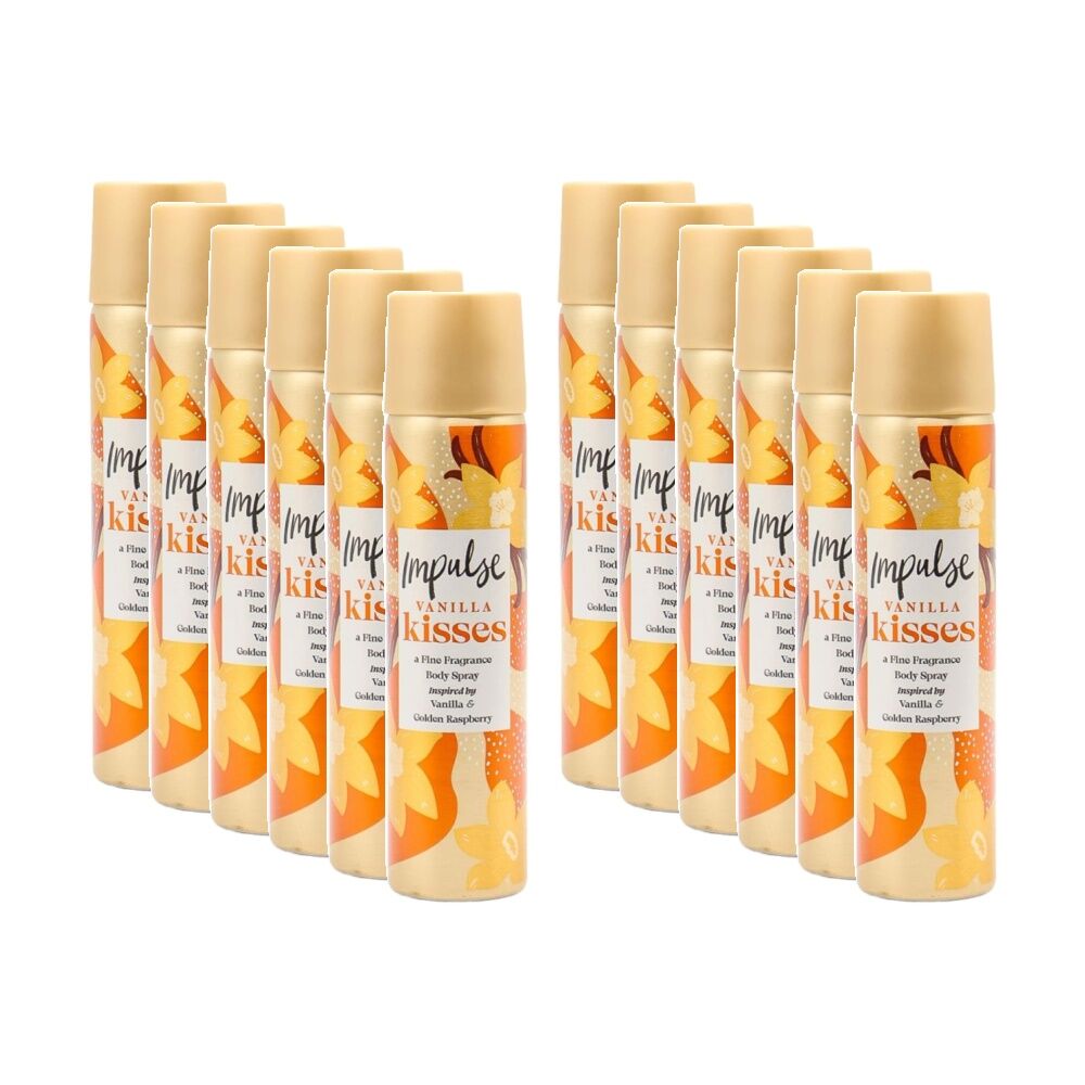 12PK Impulse Body Spray Vanilla Kisses Fine Raspberry Scent Fragrance 75mL