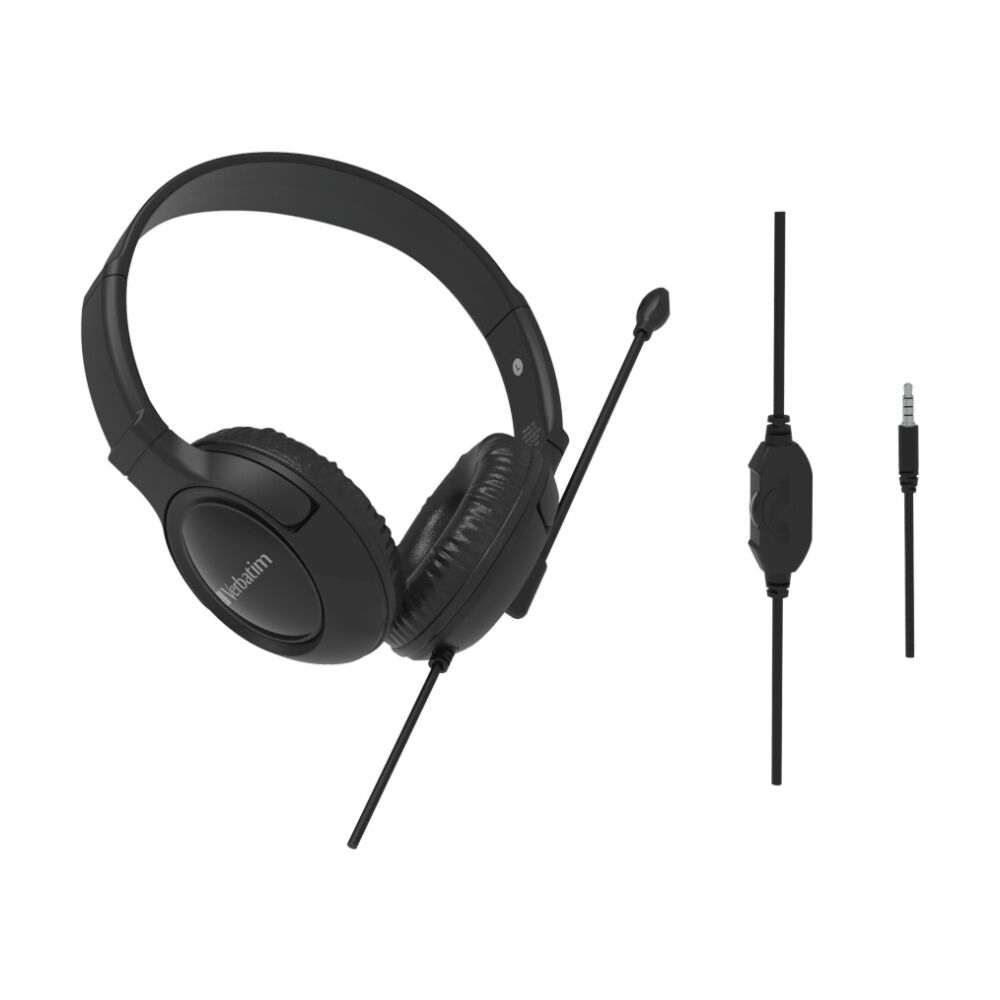 VERBATIM Multimedia Wired Overear Headset W/ Noise Cancelling Boom Mic Black