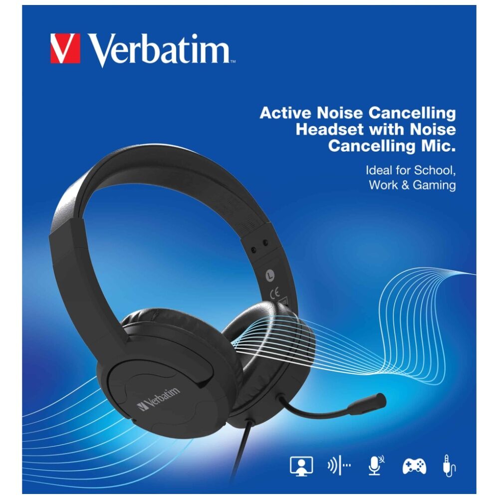 VERBATIM TruSound Wired Overear Headset W/ Active Noise Cancellation 3.5mm Jack