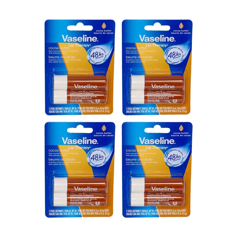 4x 2pc Vaseline Lip Therapy Cocoa Butter 48H Hydration Pack Nourishment 4.8g