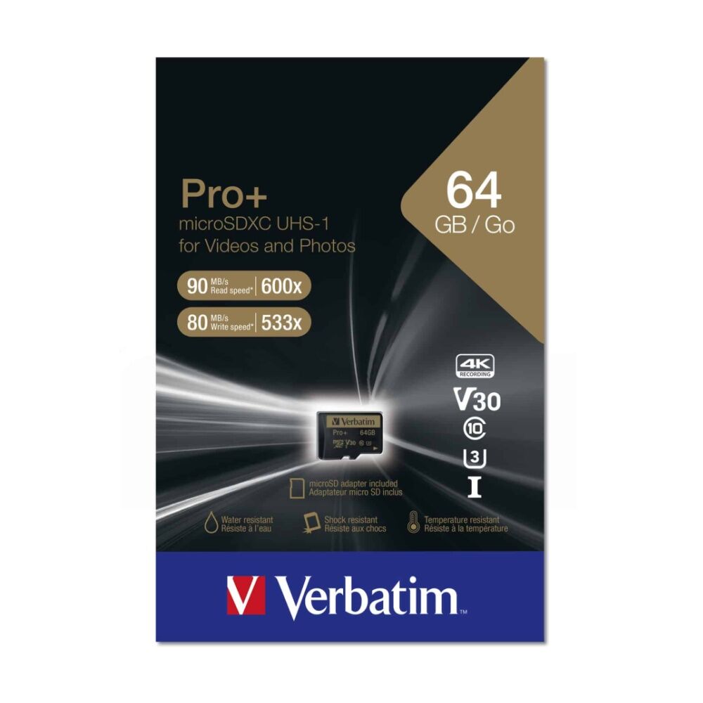 2PK VERBATIM Pro+ Micro SDXC Card (Class 10 UHS-I U3 A1) W/ Adaptor 64GB