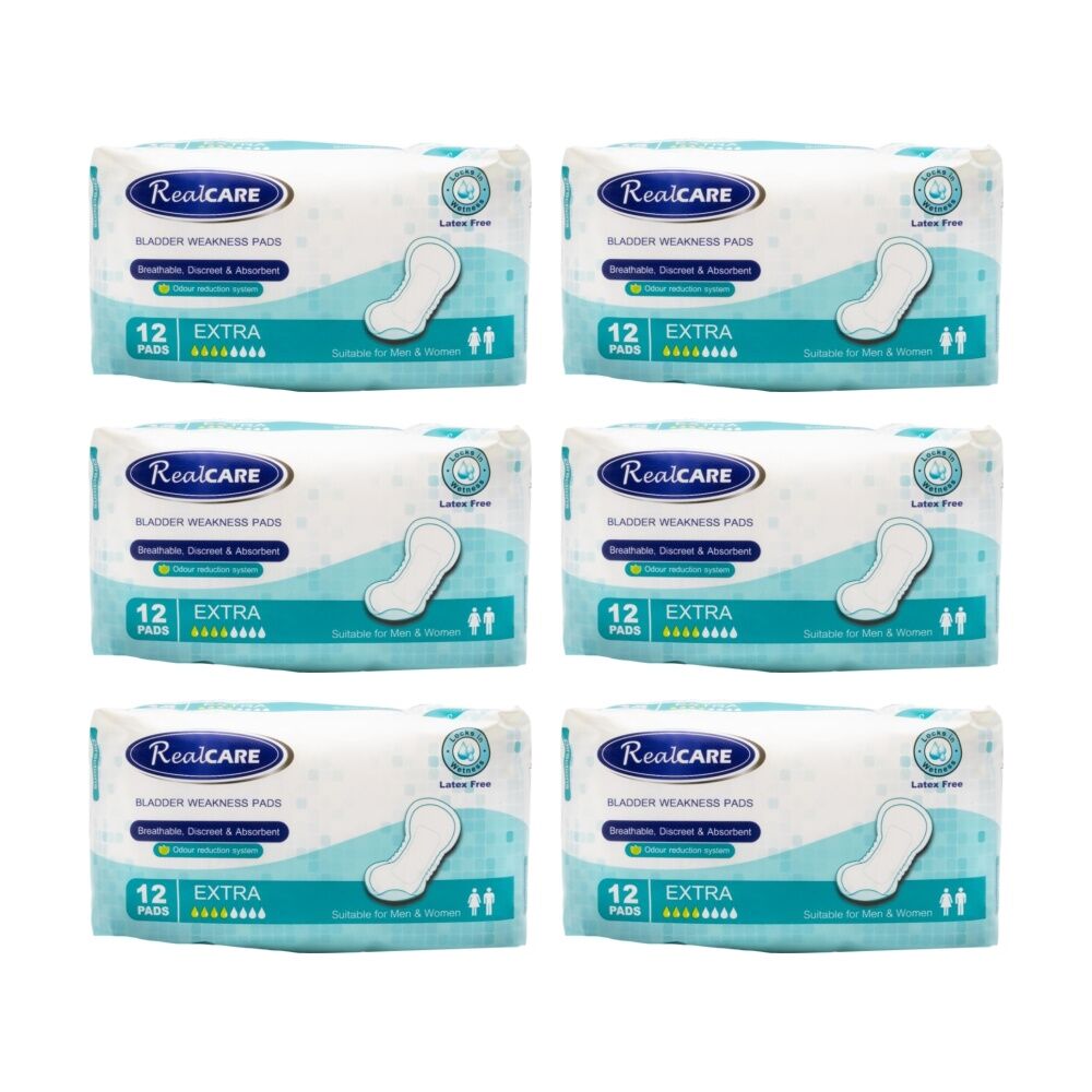 6PK Real Care Bladder Weakness Pads Extra Absorbency 12 Pack Suitable Men Women