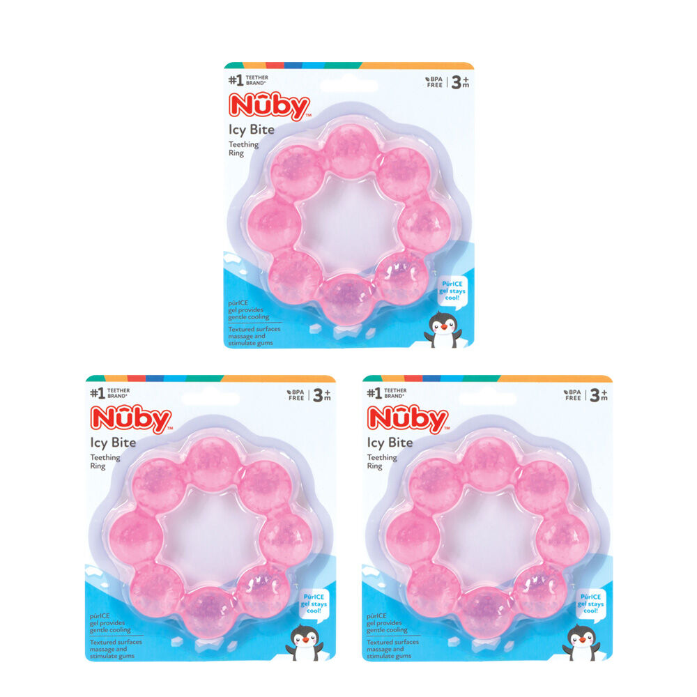3x Nuby Icybite Teething Ring Cool Textured Soother Chew Baby Toy Pink 3m+