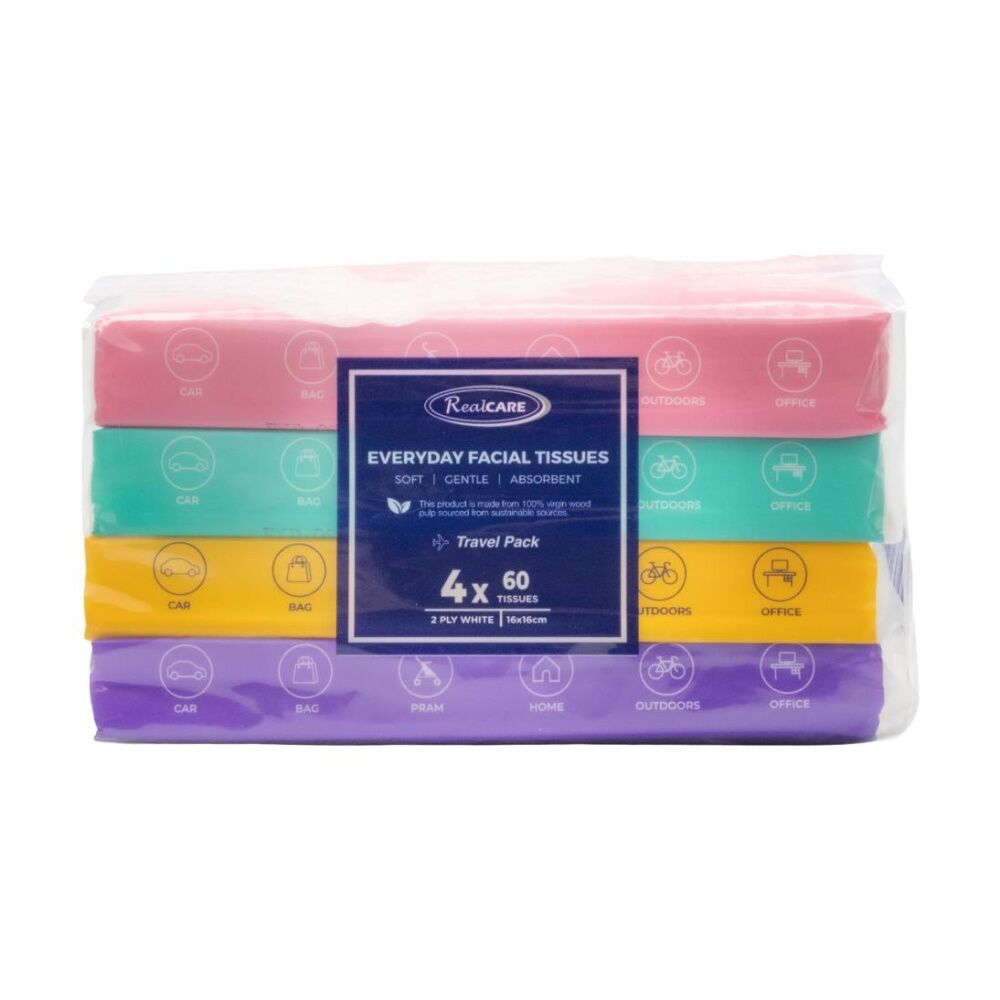24x 4x60pc Real Care Everyday Facial Tissues 2 Ply Soft Gentle Absorbent 16x16cm