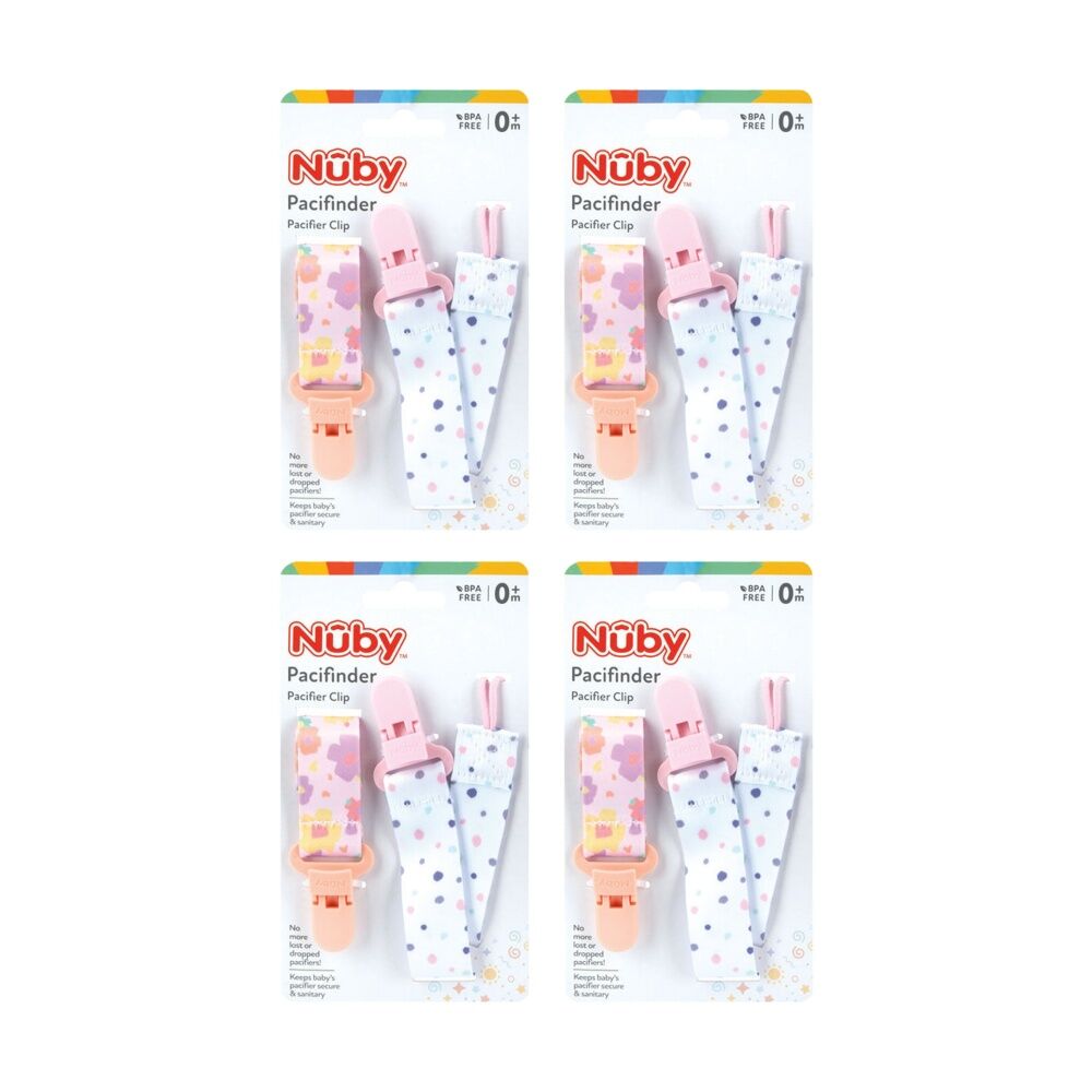 4x 2pc Nuby Printed Fabric Pacifinder Baby Pacifier Clips Multicolour 0m+