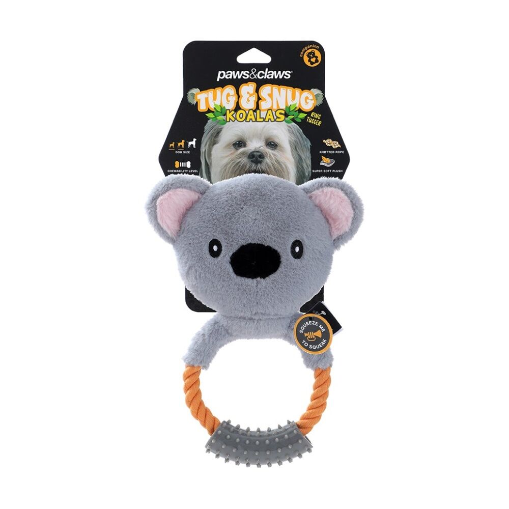 6PK Paws And Claws Plush Koala Rope Ring Tugger Pet Dog Toy Squeak 20x12x1.5cm