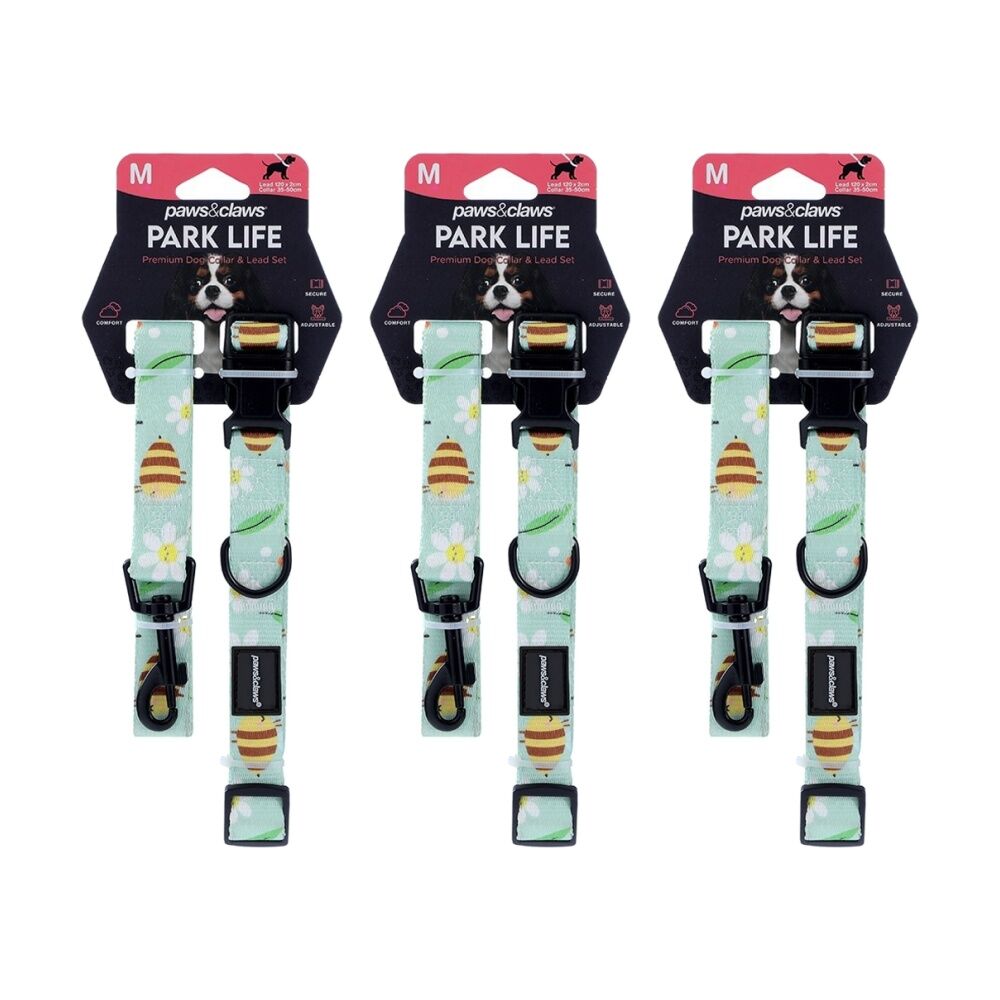 3PK Paws And Claws Pet Dog Collar Lead Set Medium 120x2cm 35-50cm