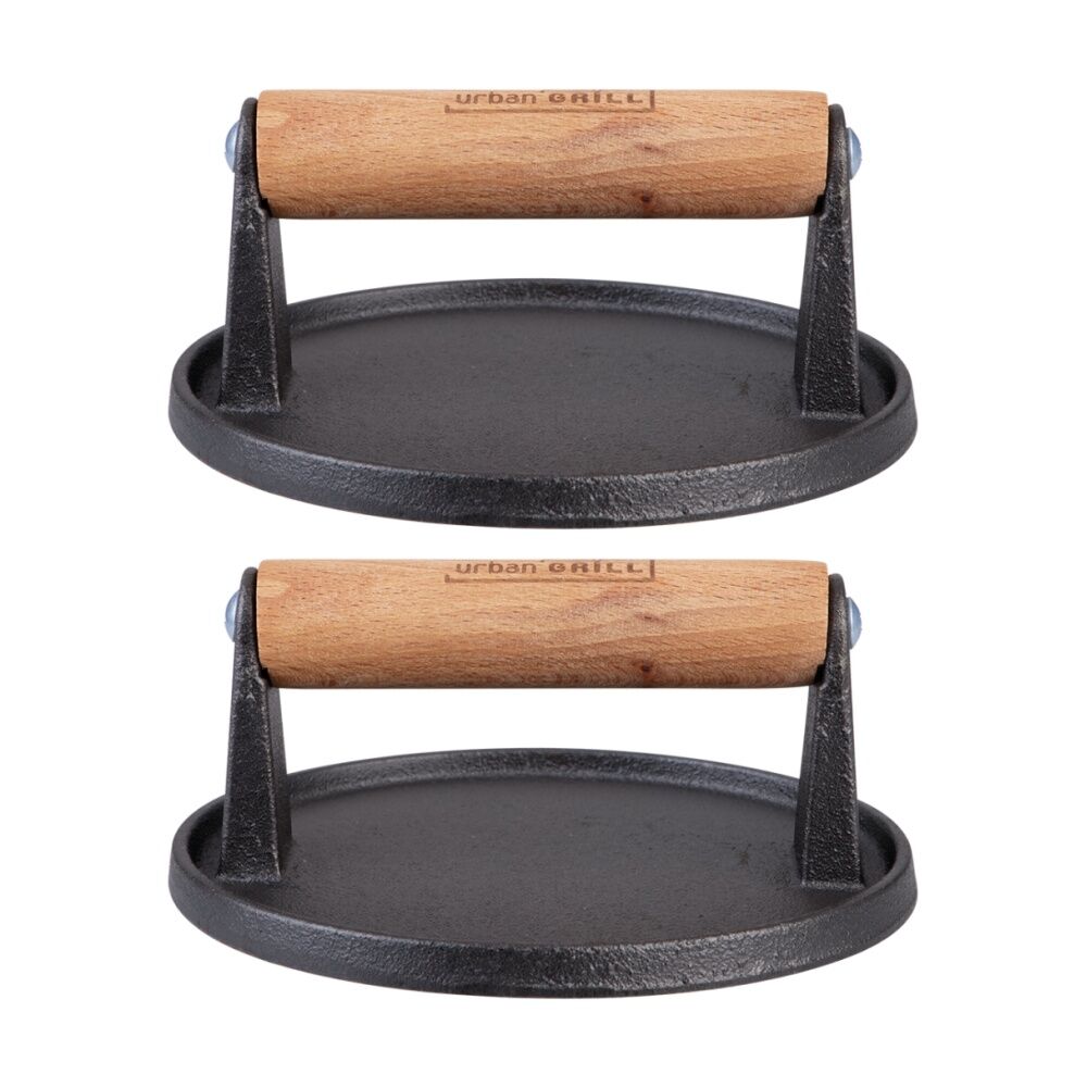 2PK Urban Grill Cast Iron Burger Press W/ Wooden Handle 14.5cm Diameter