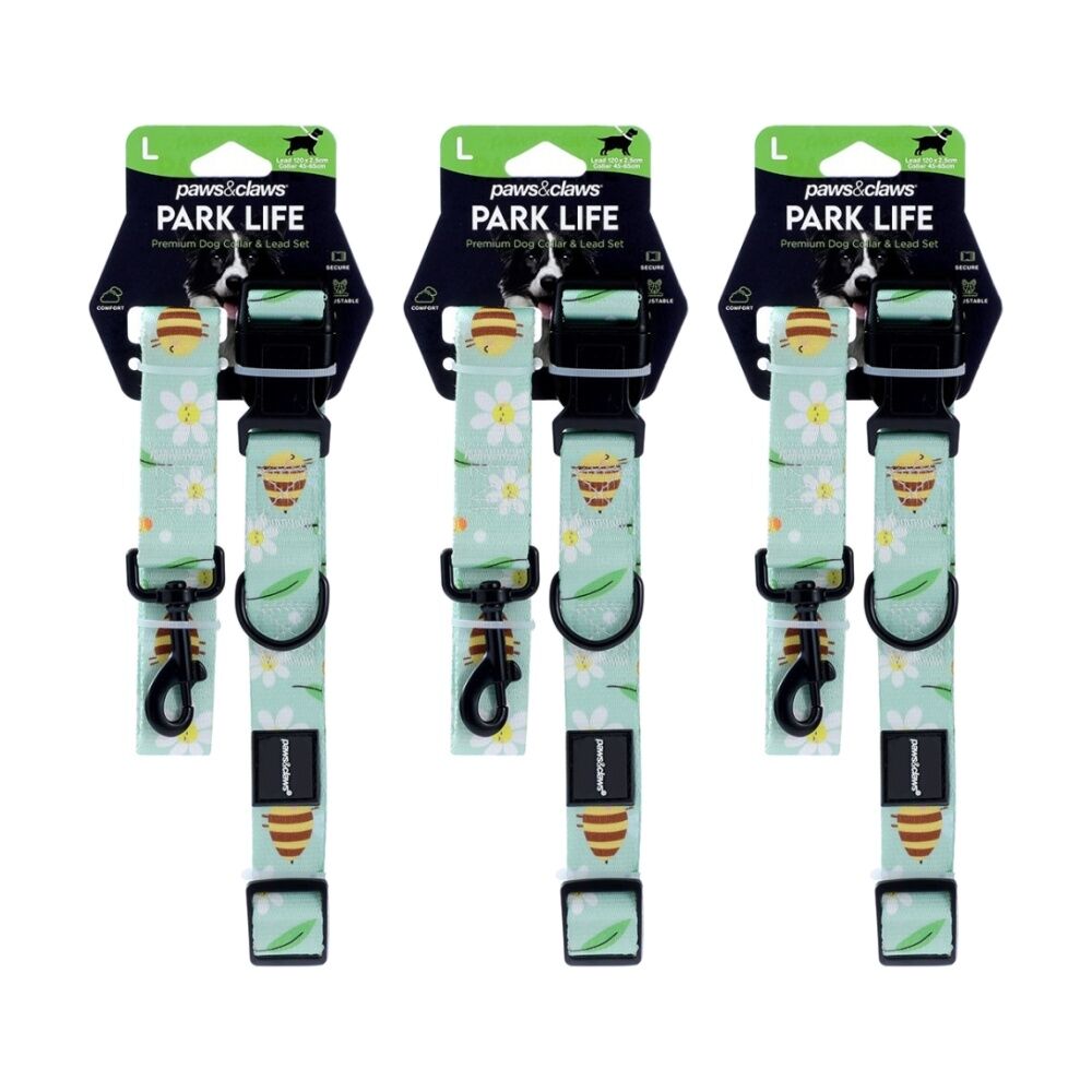 3PK Paws And Claws Pet Dog Collar Lead Set Large 120x2.5cm 45-65cm