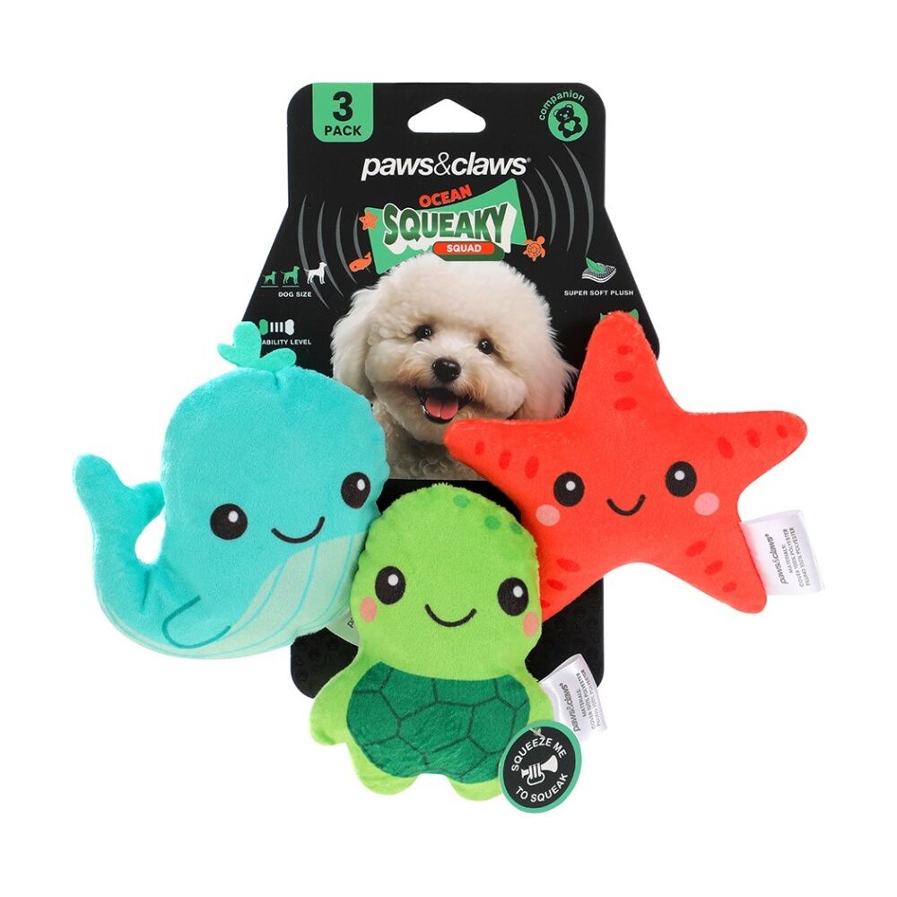 6x 3pc Paws And Claws Squeaky Squad Mini Plush Pet Dog Toys Assorted 7.5x9cm