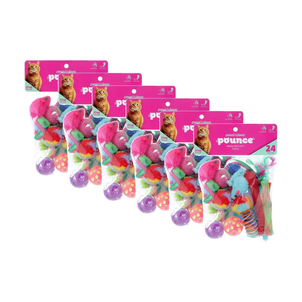 6x 24pc Paws And Claws Pounce Mega Mix Pet Cat Toys Assorted 23x15cm 73g