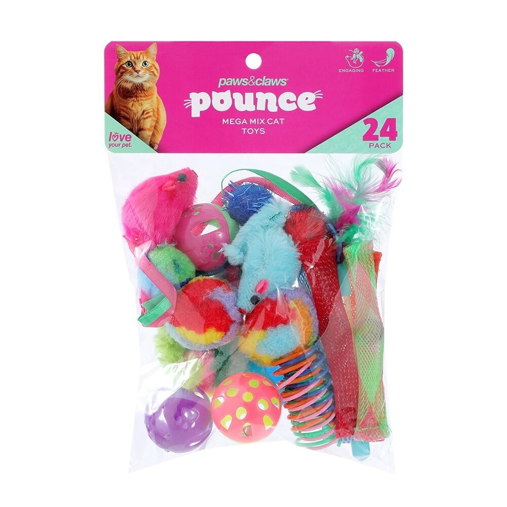 6x 24pc Paws And Claws Pounce Mega Mix Pet Cat Toys Assorted 23x15cm 73g