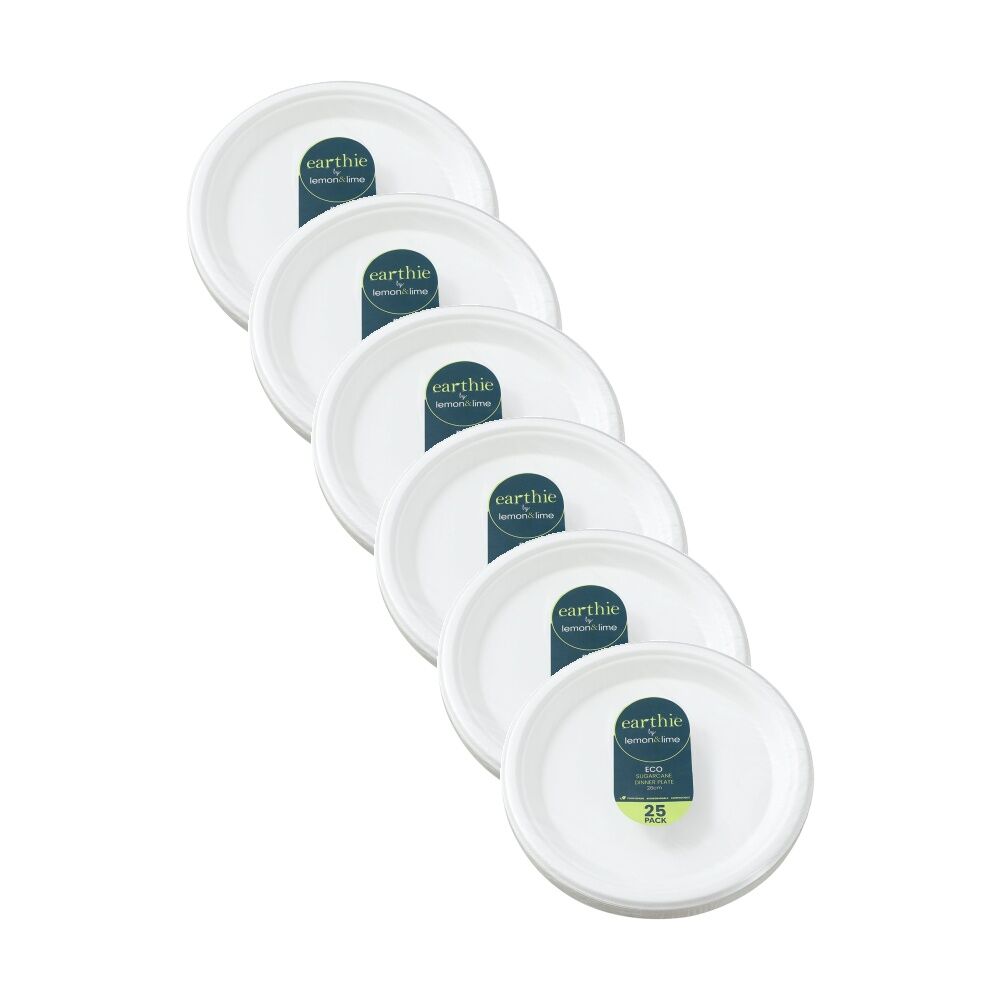 6x 25pc Lemon And Lime Sugarcane Dinner Plate Compostable White 26cm