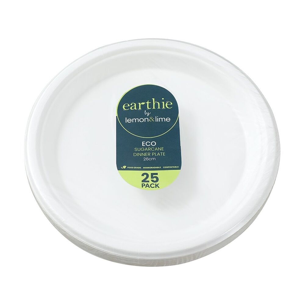6x 25pc Lemon And Lime Sugarcane Dinner Plate Compostable White 26cm