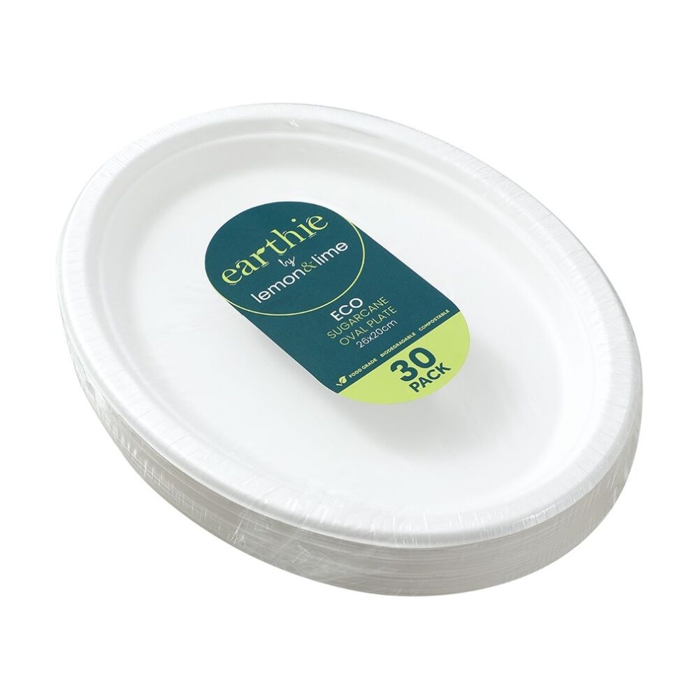 12x 30pc Lemon And Lime Sugarcane Oval Plate Compostable White 26x20cm