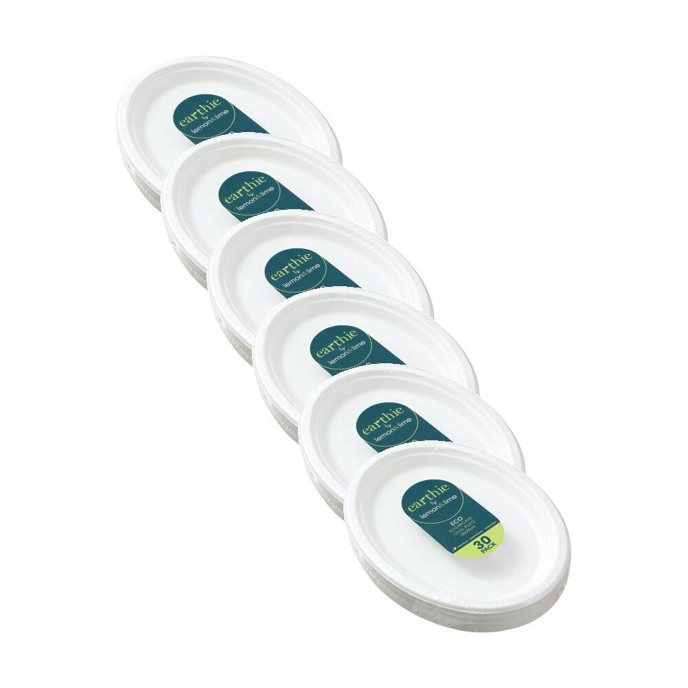 6x 30pc Lemon And Lime Sugarcane Oval Plate Compostable White 26x20cm