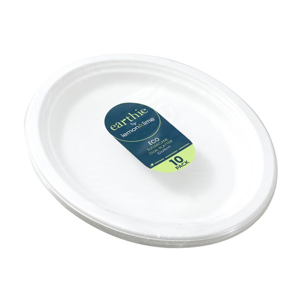 12x 10pc Lemon And Lime Sugarcane Oval Platter Compostable White 32x26cm