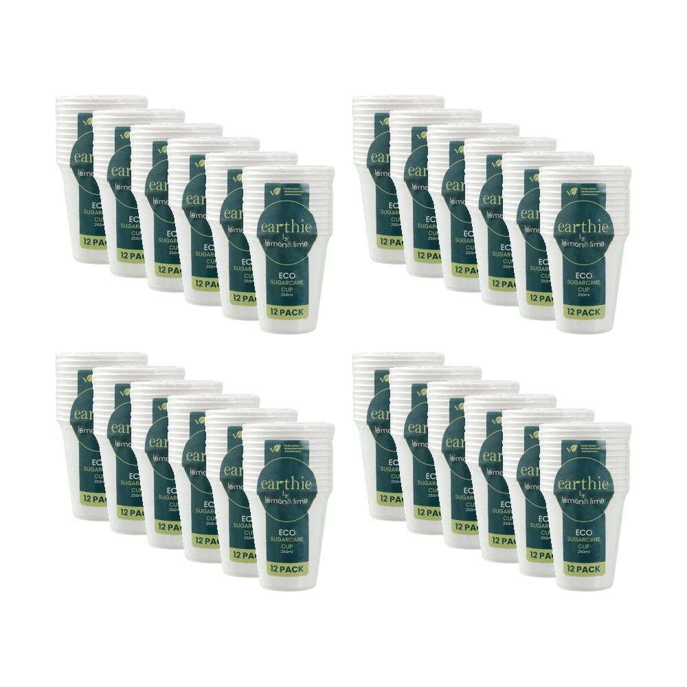 24x 12pc Lemon And Lime Sugarcane Cup Biodegradable Compost White 250ml