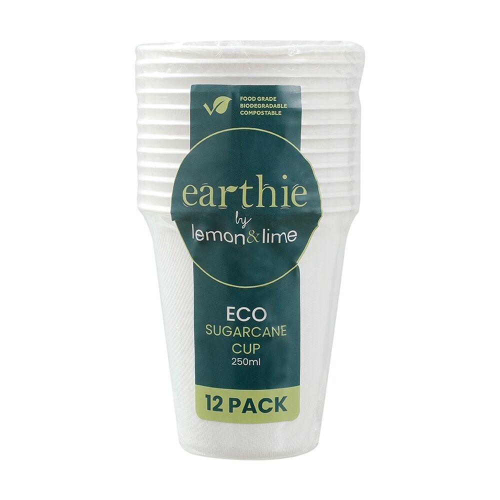 24x 12pc Lemon And Lime Sugarcane Cup Biodegradable Compost White 250ml