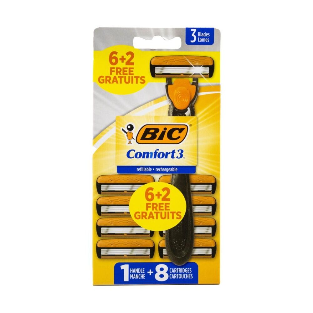 12PK BIC Razor Comfort 3 With 1 Handle Plus 8 Cartridges Pack Refillable
