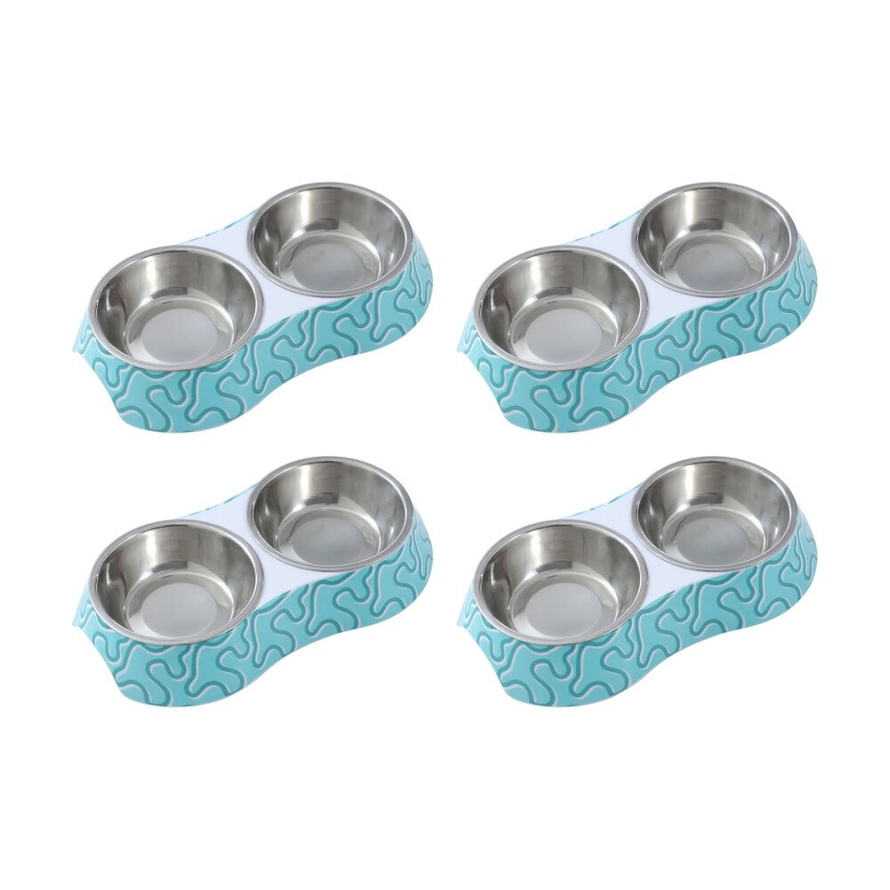 4PK Paws And Claws Double Pet Cat Dog Bowl Melamine Steel Assorted 23.5x14x4cm
