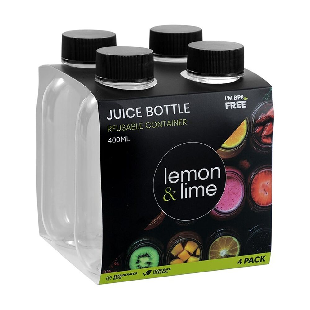 12x 4pc Lemon And Lime Reusable Clear Refrigerator Safe Juice Drink Bottle Set 400ml