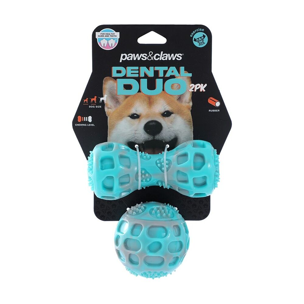 12PK Paws And Claws Pet Dog Toy Dental Duo TPR Ball Baton Asst 13x5x5cm 7x7cm
