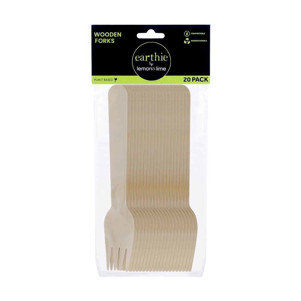 12x 20pc Lemon And Lime Wooden Forks Compostable Biodegradable Cut 15.5cm