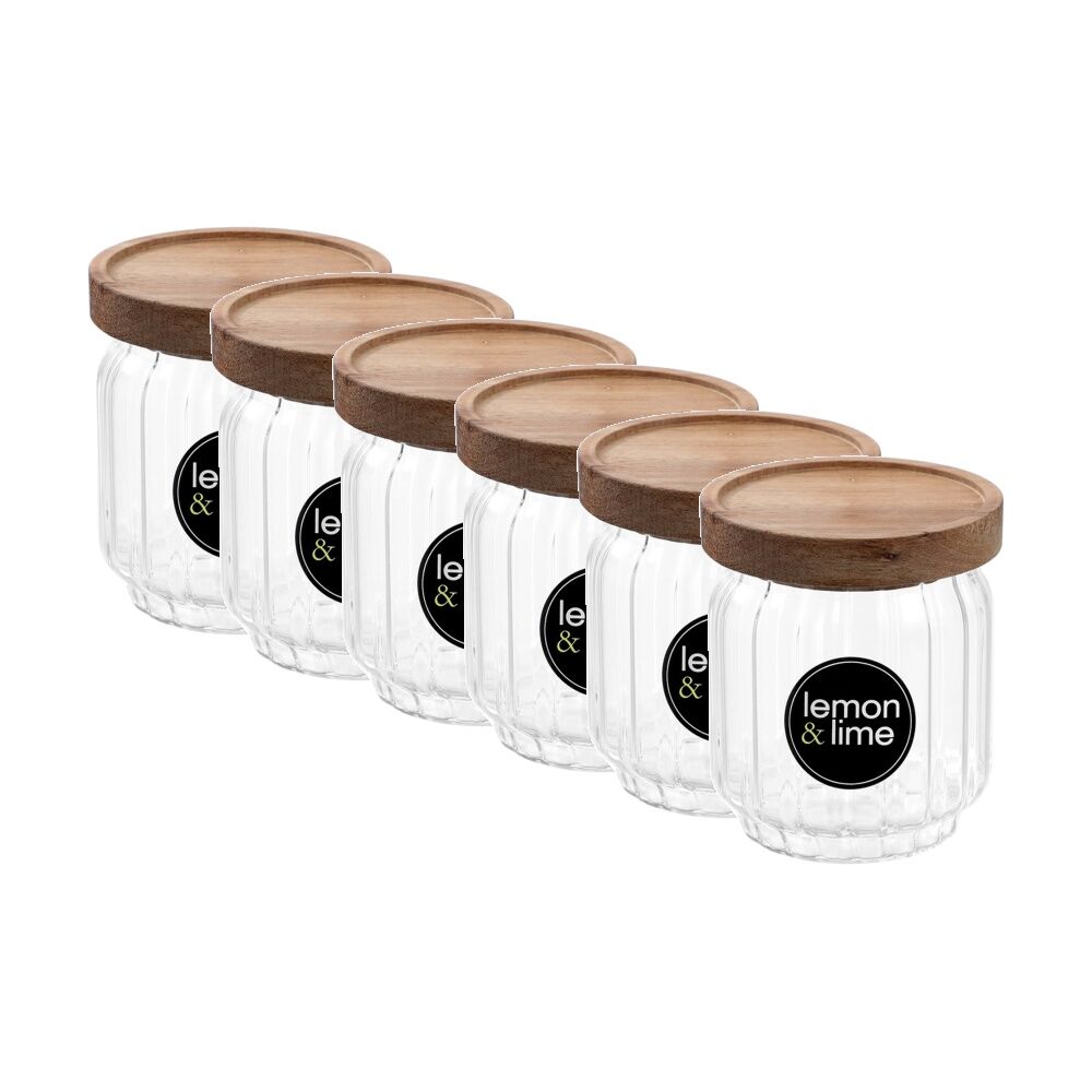 6PK Lemon And Lime Woodend Acacia Glass Jar Reusable Food Container 500ml